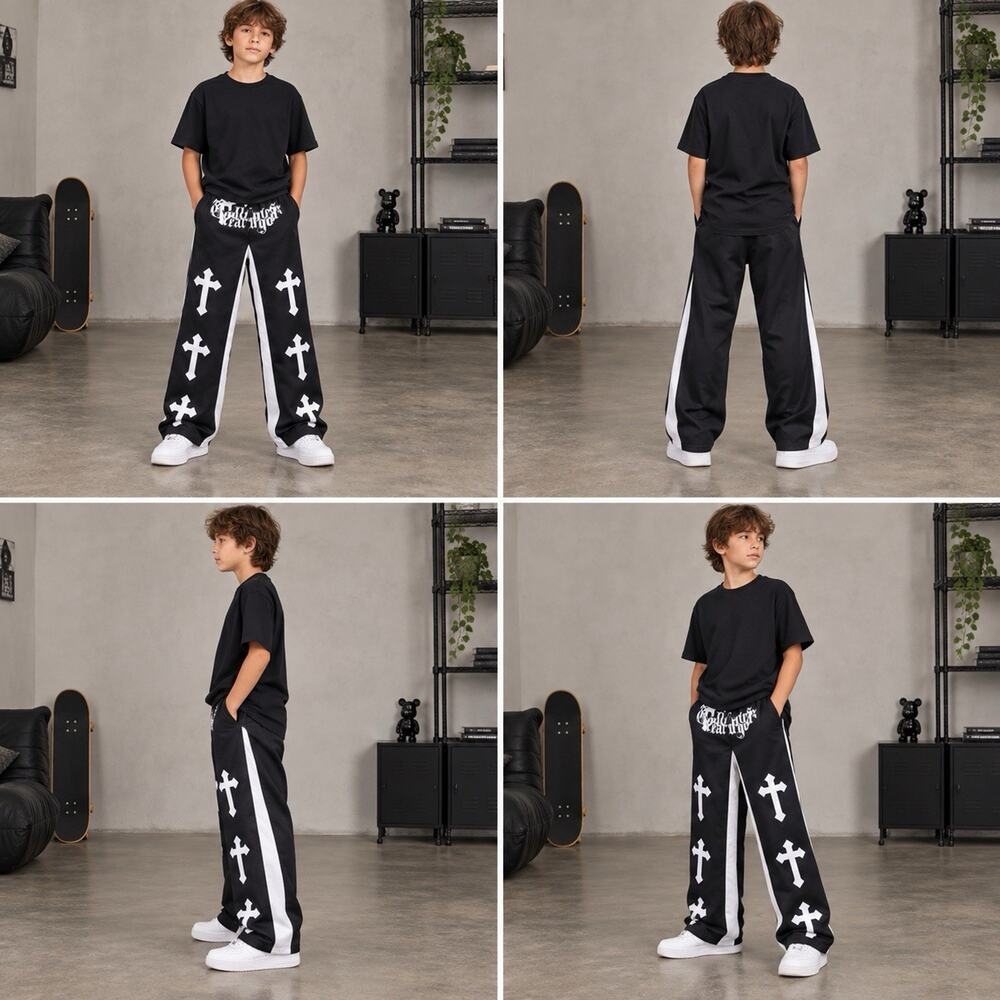 SHEIN Boys 12Y Black White Cross Graphic Wide Leg Track Pants Y2K Goth
